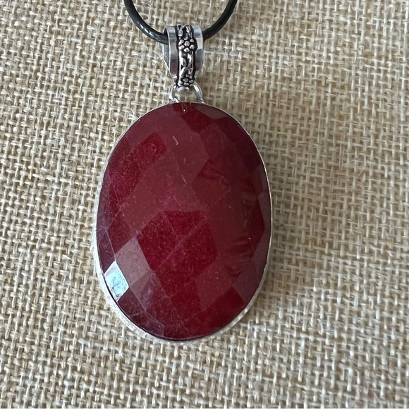 Enhanced Faceted Ruby Silver Overlay Pendant Necklace w Cord - Picture 3 of 7